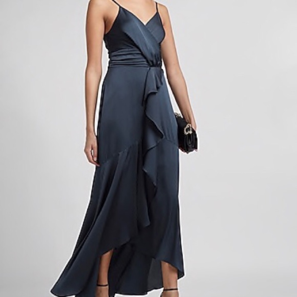 Satin Ruffle Front High-Low Dress